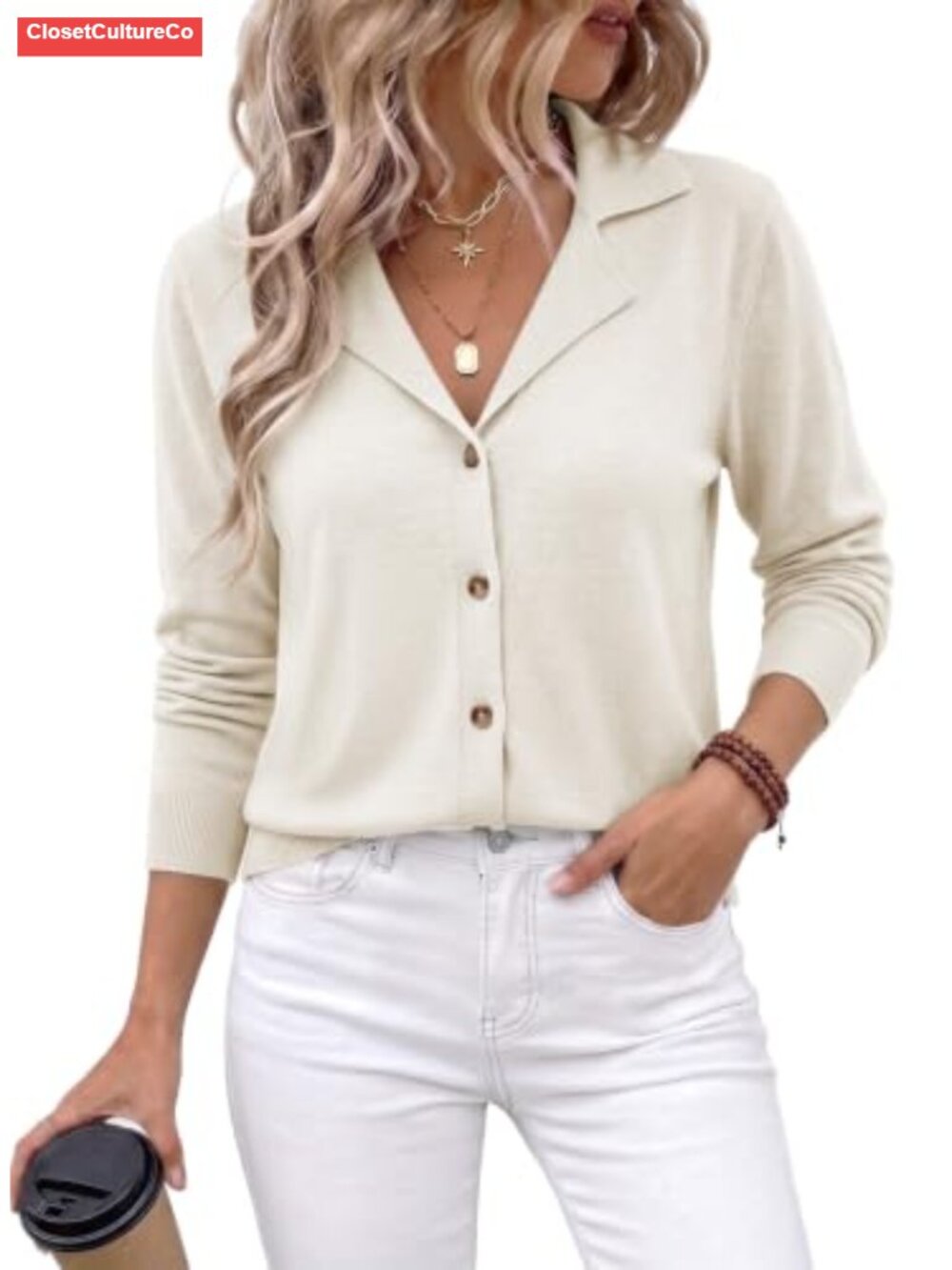 Wool Blend Knit Cardigan Sweater Button Lapel V Neck Lightweight Layer